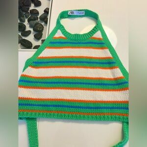 Zara Green and White Knit Fabric Halter top